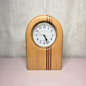 Schlabaugh & Sons Woodworking Moon Shaped Mantel Clock With 3 Vertical Woos Stripes Art Deco Stlye