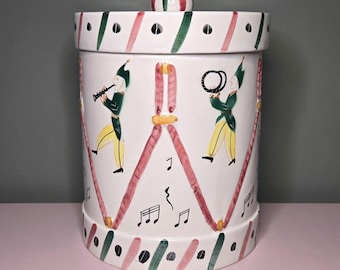 Vintage Hand Painted Italian Drum Cookie Jar Canister Numbered Ceramic Musical Marching Band Lidded Italy 9 Inch