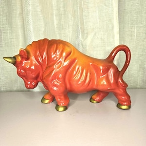 Vintage Ceramic Bull Figurine Orange Red with Gold Accents Mid Century Pottery Western Ranch Farmhouse Decor