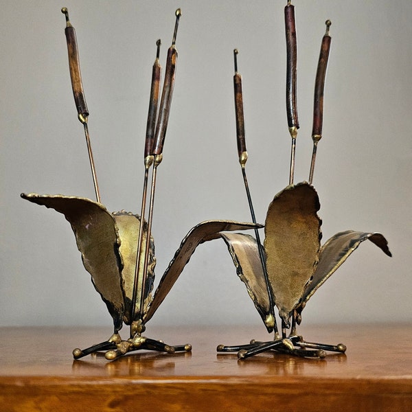 Set of 2 Vintage MCM Mid Century Modern Brutalist Copper Brass Cattails Nature Art Metal Sculpture 6 1/2"