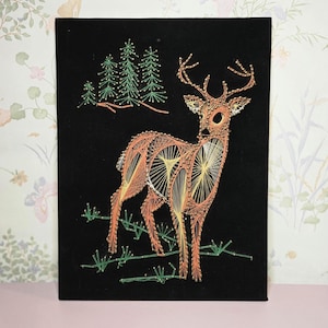 Vintage String Art Deer Wall Art on Black Velvet Board | Mid Century Modern Woodland Buck Decor | Retro Handmade Fiber Art