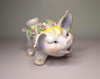 Lefton Ceramic Pig Bank • Floral Crown Pink Piggy • Vintage Kitsch Figurine • Gold Accents • Missing Stopper • Cute Nursery Decor
