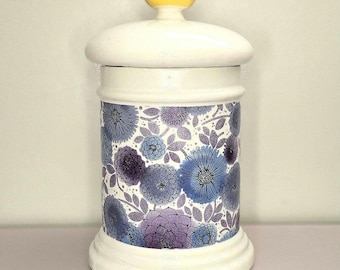 Vintage Ceramic Kitchen Canister – White Jar with Blue & Purple Floral Design and Yellow Lid – Retro Cookie Jar