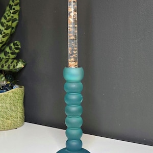 Vintage Lucite Candlestick Holder • Teal Blue Resin Bubble Column Candle Stick • Mid Century Modern Retro Home Decor 8"