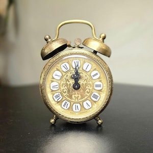 Vintage West Germany Brass Alarm Clock Working Ornate Filigree Roman Numeral Mechanical Twin Bell 3.25” German Clock