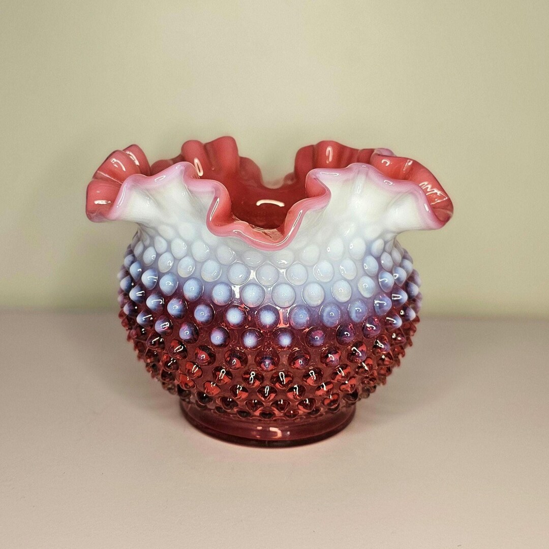Fenton Art Glass Cranberry Pink Opalescent Hobnail 5" Vase or Bowl With ...