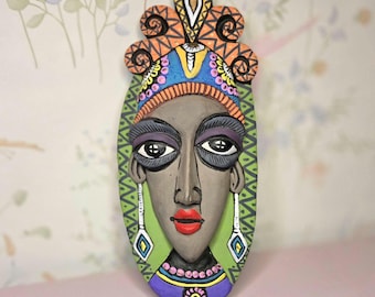 Vintage Ceramic Folk Art Wall Mask | Hand Painted Boho Tribal Face | Whimsical Kitsch Wall Decor | 10 Inch Colorful Mask