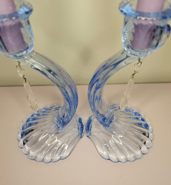 Vintage Cambridge Glass Caprice Moonlight Blue #70 Candlesticks