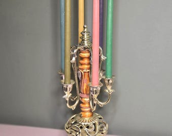 Vintage 6 Arm Candelabra Candle Holder Gold Metal Orange Glass Centerpiece Hollywood Regency Taper Candle Stand MCM Table Decor 12"