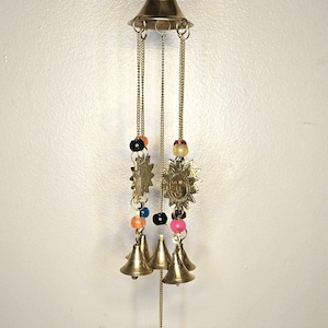Vintage Metal Wind Chimes Bells with Colorful Beads and Brass Sun Faces 17&quot; celestial