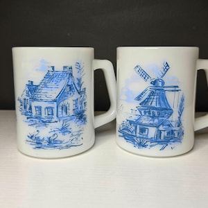 Set of 2 Vintage 1960s Federal Glass Co. Milk Glass Cabin and Windmill Blue Mugs Hard to find