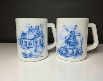 Set of 2 Vintage 1960s Federal Glass Co. Milk Glass Cabin and Windmill Blue Mugs Hard to find