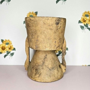 Primitive Wood Carved Morter with Carved Handles Pedestal Primitive Kitchen Gadgets