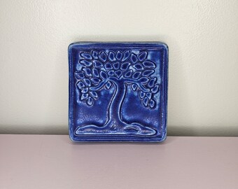 Ceramic Pewabic Detroit Botanical Tree Pewabic Tile - Cobalt Blue Cottagecore