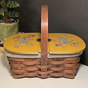 1970s Basket Purse Woven Wooden Decoupage Whimsical Birds