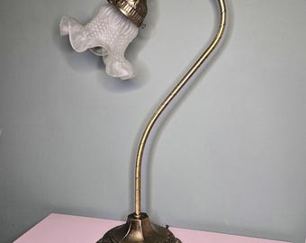 Vintage Art Nouveau Style Goose Neck Desk Lamp Brass Tone Table Lamp Frosted Glass Tulip Shade 19 Inch