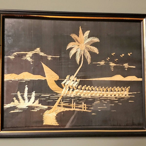 Vintage Genuine Rice/Straw Framed Art