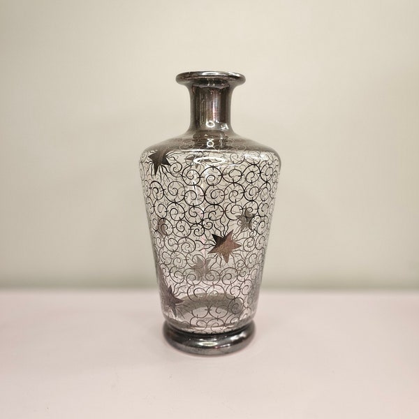 Vintage Glass Saint Graal Silver Atomic Stars Overlay Ornate Decanter MCM Modern Barwear