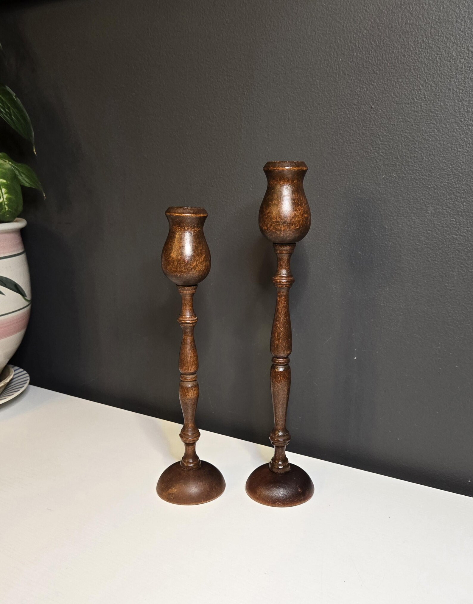 Set of 2 Vintage Turned Wood / Antique Wood Candlestick Holders Spindle ...