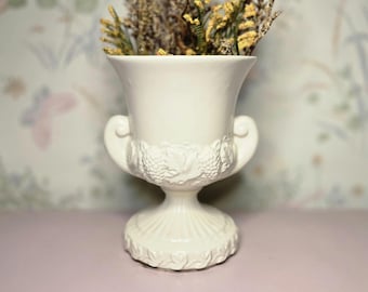 Vintage White Ceramic Urn Vase – Grapevine Embossed Pedestal Planter with Handles, Neoclassical Style Decorative Pottery Home Decor