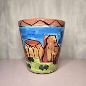 Ceramic Handpainted 7" Large Planter Pot with Mountain Desert Scene