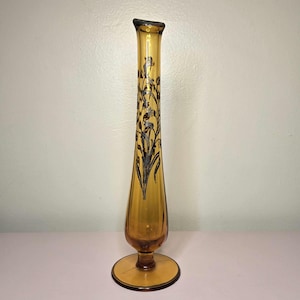 Vintage Amber Handpainted Gold Details Glass Swung Pedestal Footed Bud Vase - 11" Tall