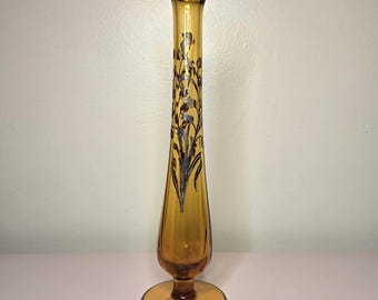 Vintage Amber Handpainted Gold Details Glass Swung Pedestal Footed Bud Vase - 11" Tall