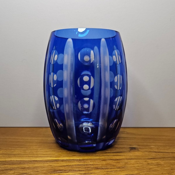 Bohemian Cobalt Blue PB Cut to Clear Glass Vase 5 1/2"