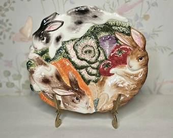 Fitz and Floyd Easter Bunny Plate Relief Majolica 10"x9" Wall Hanging Plate English Garden Bunnies