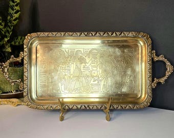 Vintage Brass Egyptian Serving Tray – Hand Etched Pharaonic Scene – Made in Egypt – Ornate Brass Handles – 20.5” x 10” Decorative Wall Tray