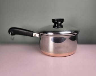 Vintage Revere Ware 1 Qt Saucepan with Lid Copper Bottom Clinton IL 1801 Sauce Pot Stainless Steel Pan Mid Century Cookware