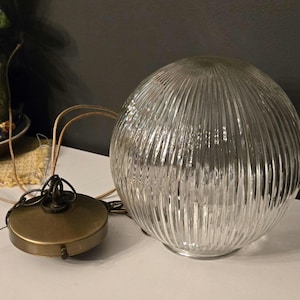 Vintage Mid-Century Holophane Glass Ball Globe 6 inch 3 Seam Light Shade and Brass Base