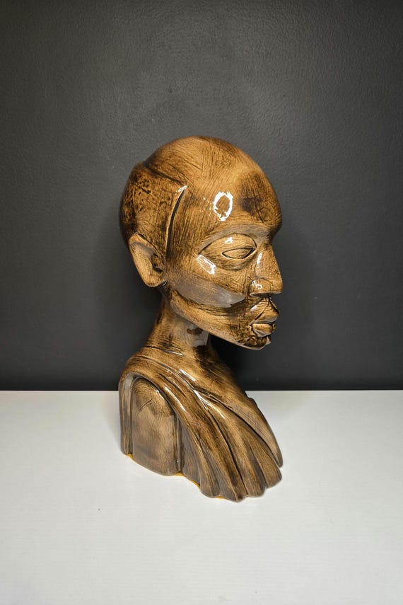 Vintage MCM Brown Ceramic Glazed Art Sculpture of Bust and  display picture 3