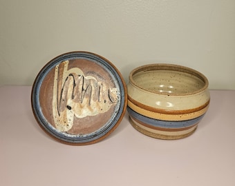 Vintage Brown Stoneware Artist Signed French Butter Croc Salt Glazed With Blue Design