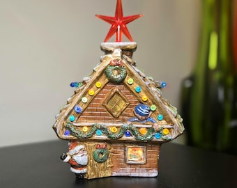 Vintage Light Up Ceramic Christmas Cottage Santa House Red Star Topper Colorful Lights Holiday Village Decor with Atomic Star