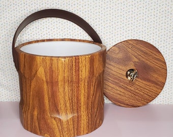 Vintage Faux Wood Mid-Century Modern Ice Bucket Barware Retro