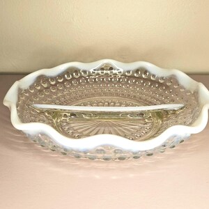 Vintage Fenton Opalescent Glass Moonstone Hobnail Divided Dish 7 1/2&quot;