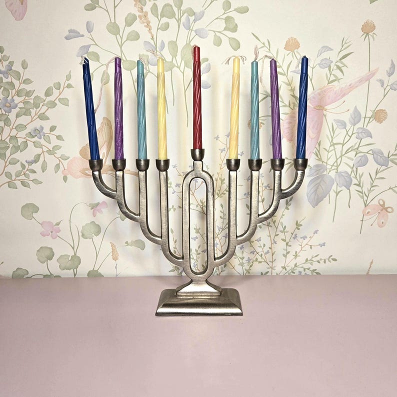 Vintage Modernist Pewter Hanukkah Menorah | Mid Century Style Metal Judaica | 9 Candle Chanukiah | Minimalist Jewish Decor