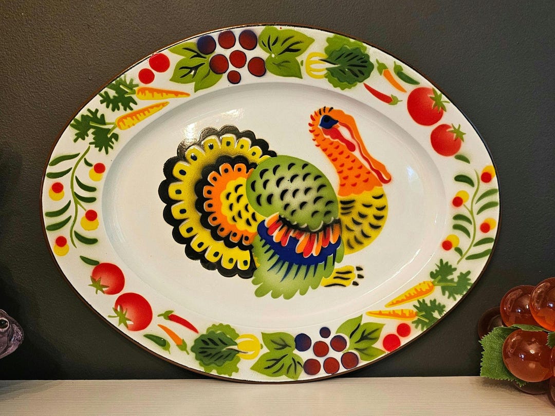 Vintage Enamel Turkey Platter – Colorful Mid Century Thanksgiving ...