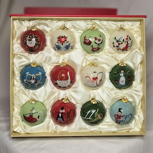 Pier 1 Li Bien 12 Days of Christmas Ornament Set Boxed Hand Painted Glass Ornaments Reverse Painted Collectible Holiday Decor