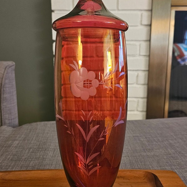 Vintage Cranberry Red Glass Vase with Lid Cut Etched Floral