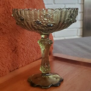 Vintage Fenton Colonial Green Glass Rose Pattern Compote Shabby Chic Candy Dish