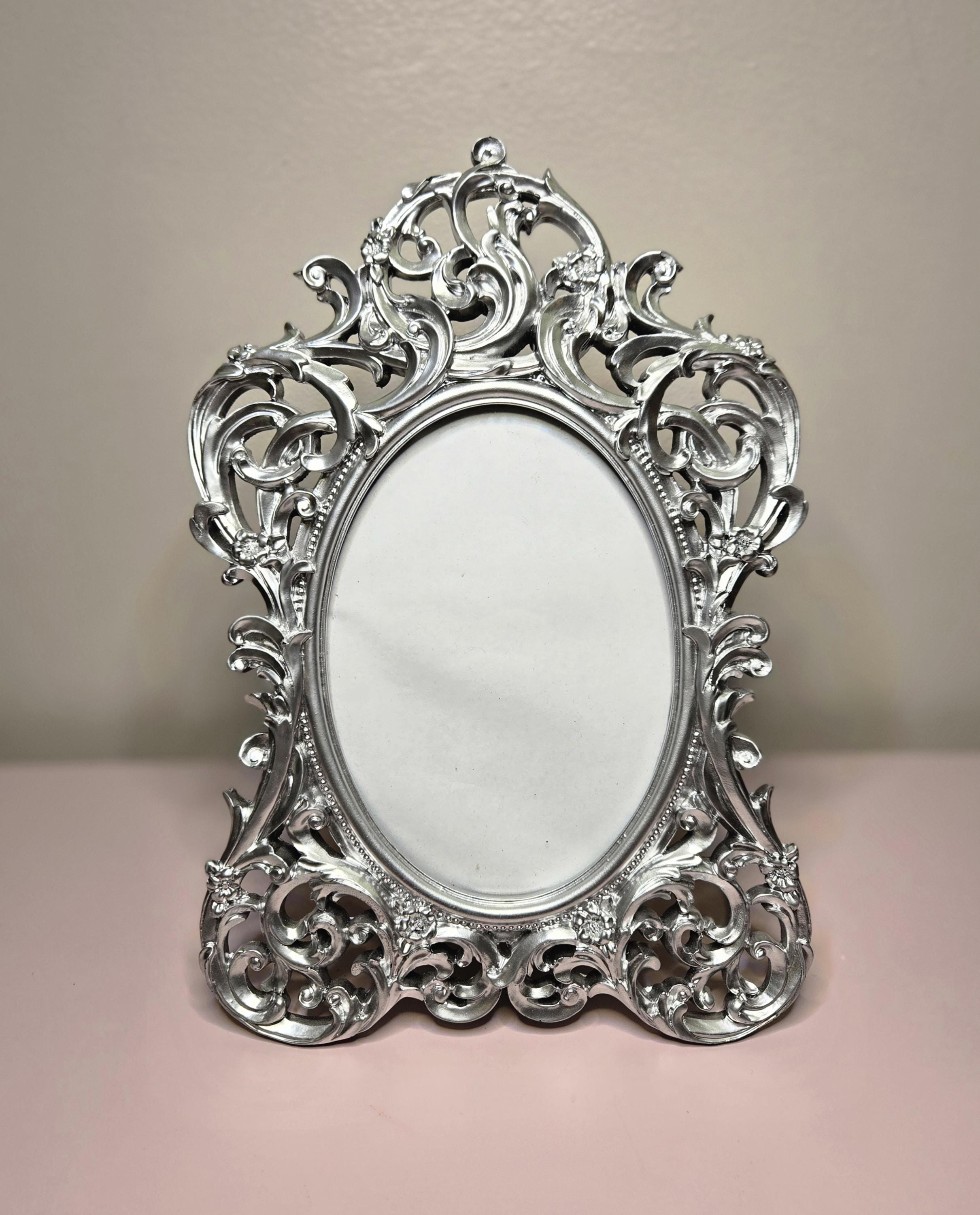 Ornate Silver Painted Wood Picture Frame – Vintage Baroque Rococo