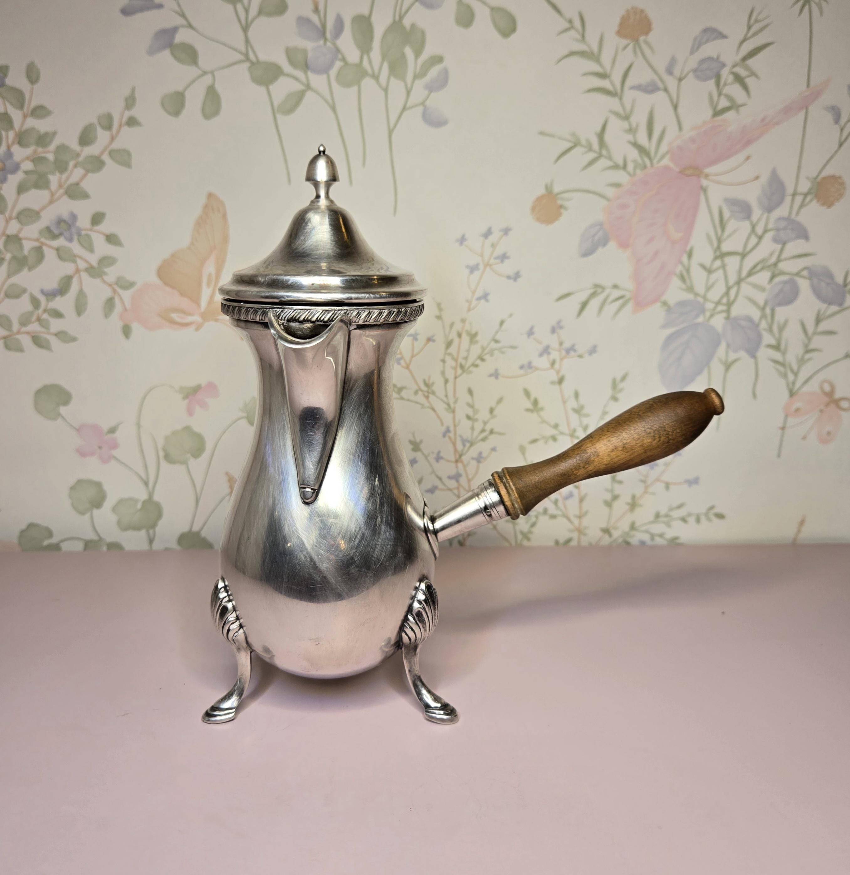 English Silverplated Footed Chocolate Pot With Turned Wood Handle
