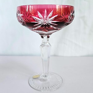 Bohemian Czech Cranberry Cut to Clear Crystal Champagne Coupe — 6” Tall, 4” Wide — Ruby Red Starburst Cut Crystal Stemware