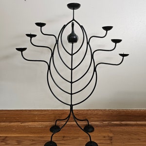 Brutalist Large Black MetalFloor Candelabra For 7 Votive Candles And Bird Detail