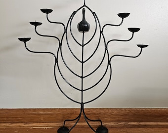 Brutalist Large Black MetalFloor Candelabra For 7 Votive Candles And Bird Detail