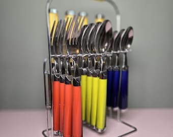 Colorful Flatware Set With Chrome Caddy Stand | Retro Inspired Handle Stainless Silverware Organizer | Atomic Kitchen Decor