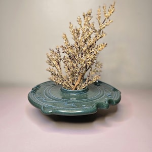 Vintage Green Shallow Ceramic Pottery Vase with Metal Flower Frog Pottery Signed MS