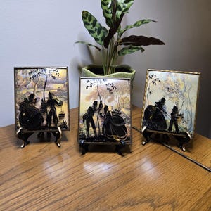 Set of 3 Vintage Silhouette Reverse Painting on Convex Glass with Plastic Stands